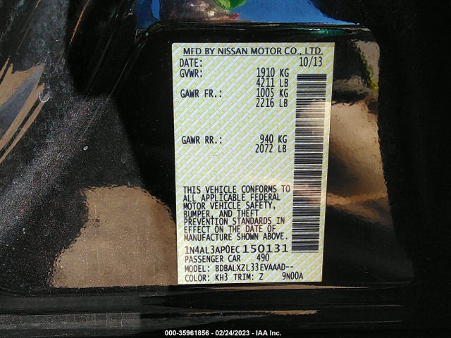 2014 NISSAN ALTIMA 2.5 SL VIN: 1N4AL3AP0EC150131