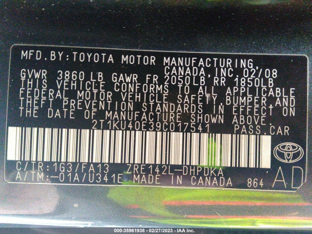2009 TOYOTA MATRIX VIN: 2T1KU40E39C017541
