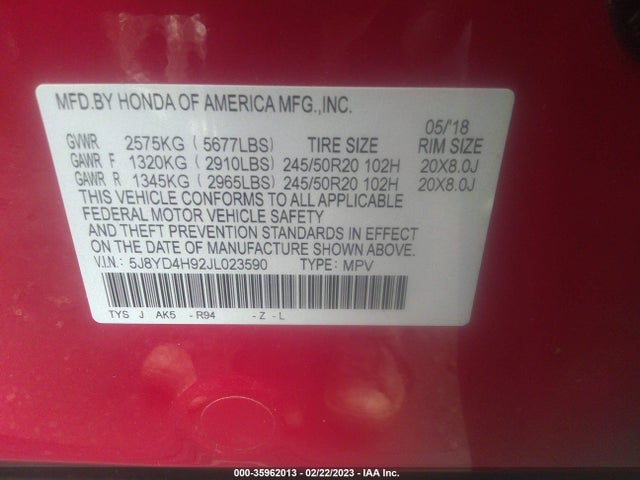 5J8YD4H92JL023590 Acura Mdx W/advance