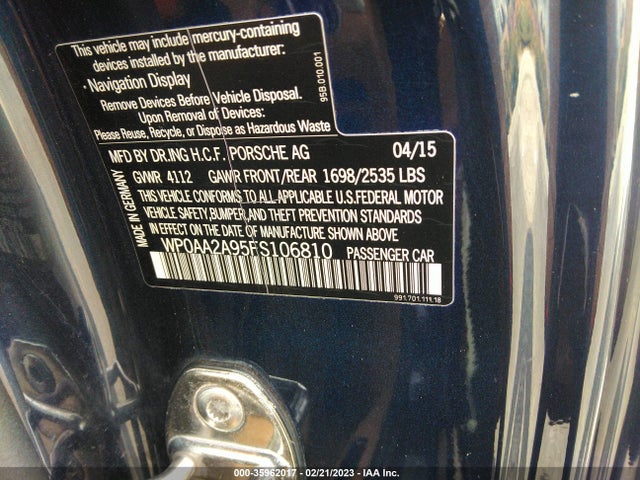 2015 Porsche 911, VIN: WP0AA2A95FS106810
