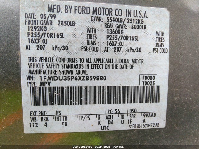 1999 FORD EXPLORER XLT/EDDIE BAUER/LIMITED VIN: 1FMDU35P6XZB59880