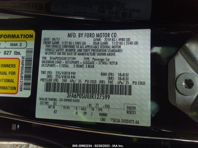 2018 Ford Fusion, VIN: 3FA6P0SU0JR127599