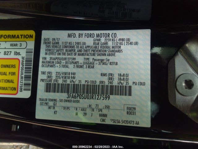 3FA6P0SU0JR127599 Ford Fusion Energi Titanium/platinum