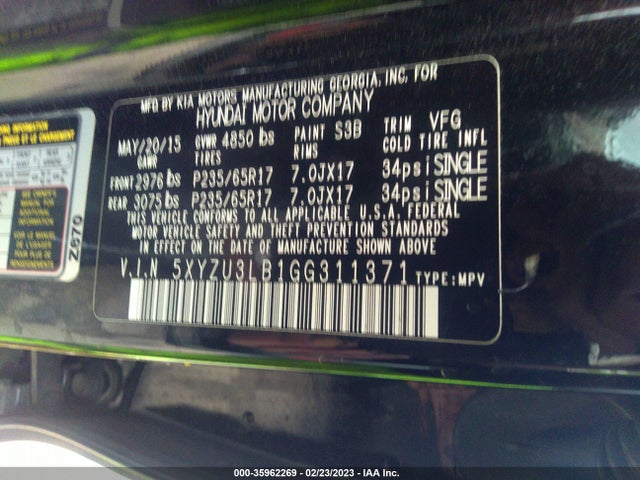 2016 Hyundai Santa Fe, VIN: 5XYZU3LB1GG311371
