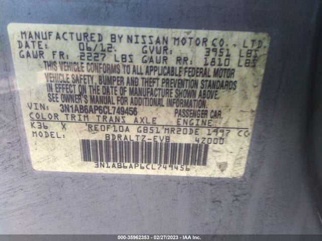 2012 NISSAN SENTRA 2.0 S VIN: 3N1AB6AP6CL749456