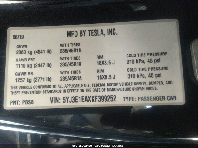 Tesla Model 3 Range 2019 5YJ3E1EAXKF399252 Image 11