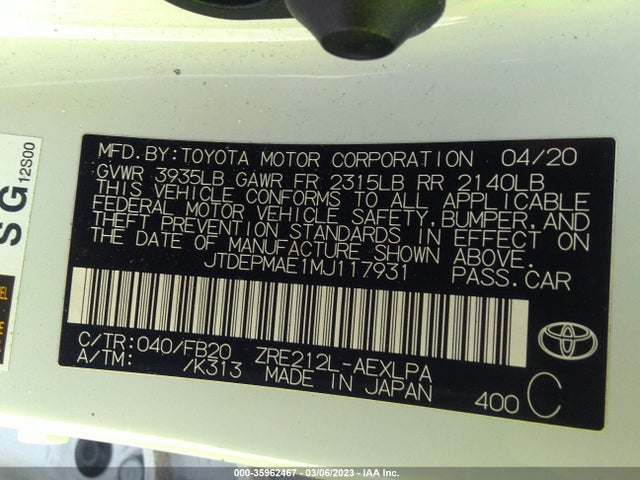 2021 TOYOTA COROLLA LE VIN: JTDEPMAE1MJ117931