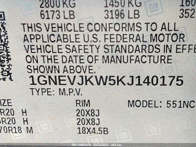 Chevrolet Traverse Rs 2019 1GNEVJKW5KJ140175 Image 9