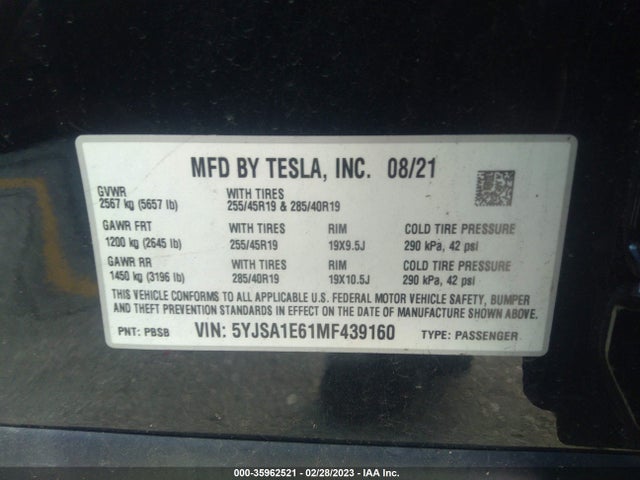 Tesla Model S Plaid 2021 5YJSA1E61MF439160 Image 9