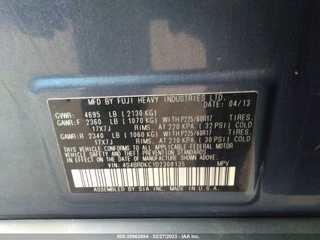 4S4BRDKC1D2308135 Subaru Outback 3.6r Limited