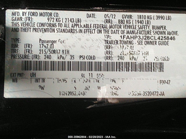 2012 FORD FOCUS TITANIUM VIN: 1FAHP3J28CL425846