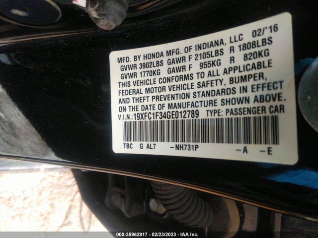 2016 HONDA CIVIC SEDAN EX-T VIN: 19XFC1F34GE012789