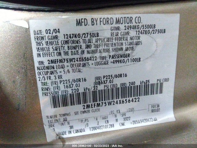 2004 MERCURY GRAND MARQUIS LS VIN: 2MEFM75W24X656422
