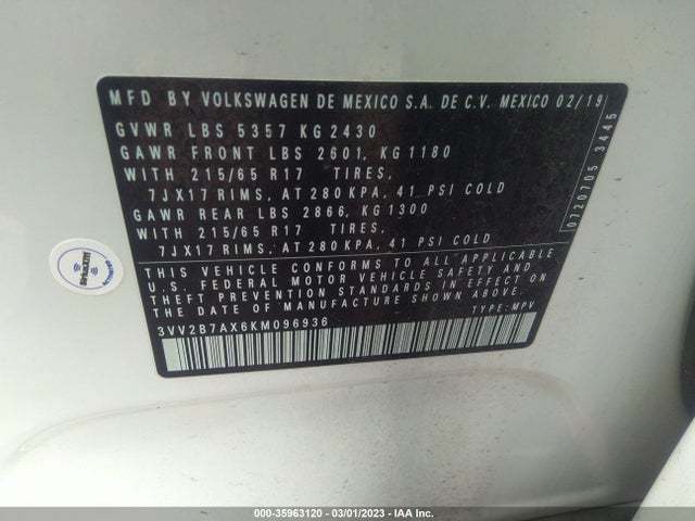 3VV2B7AX6KM096936 Volkswagen Tiguan Se/sel/sel R-line