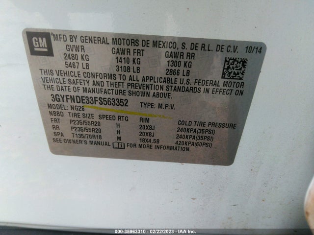 3GYFNDE33FS563352 Cadillac Srx Premium Collection