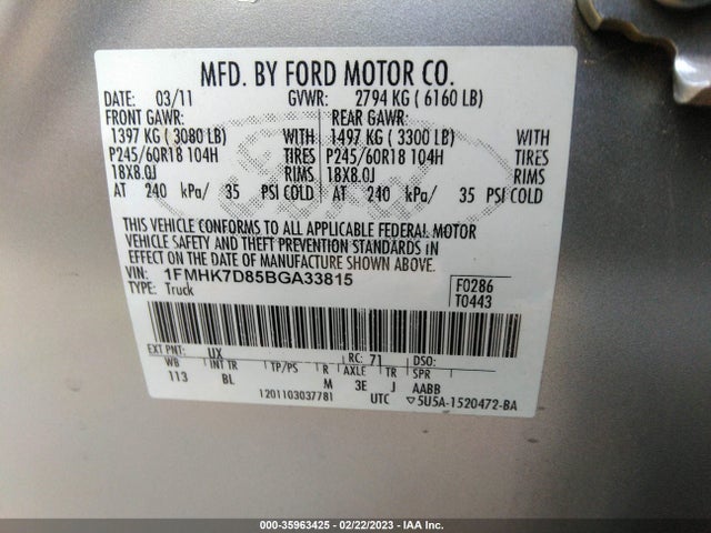 2011 FORD EXPLORER XLT VIN: 1FMHK7D85BGA33815