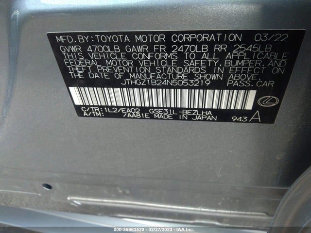 2022 LEXUS IS IS 350 F SPORT VIN: JTHGZ1B24N5053219