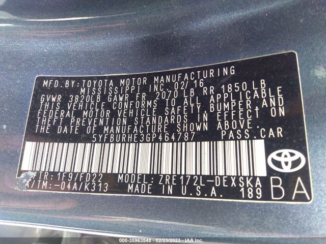 Toyota Corolla L/le/s/s Plus/le Plus 2016 5YFBURHE3GP464787 Image 10