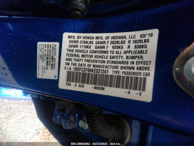 2019 HONDA CIVIC SEDAN LX VIN: 19XFC2F66KE031241