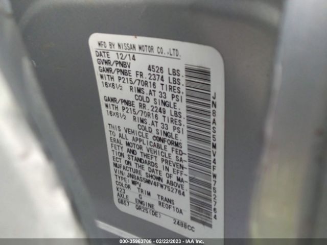JN8AS5MV4FW752764 Nissan Rogue Select S