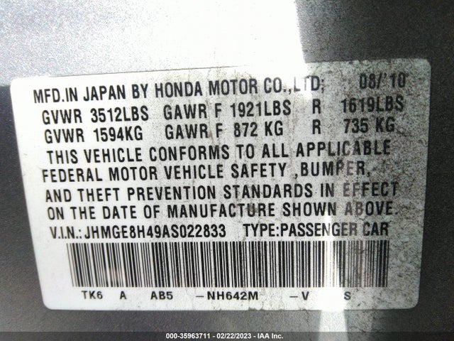 2010 HONDA FIT SPORT VIN: JHMGE8H49AS022833