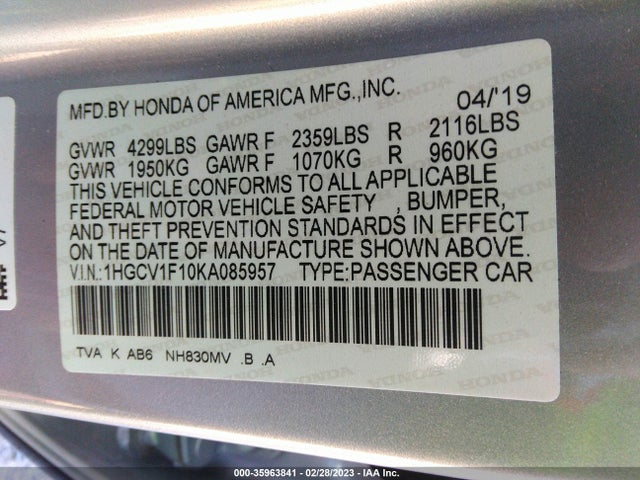 2019 HONDA ACCORD SEDAN LX 1.5T VIN: 1HGCV1F10KA085957