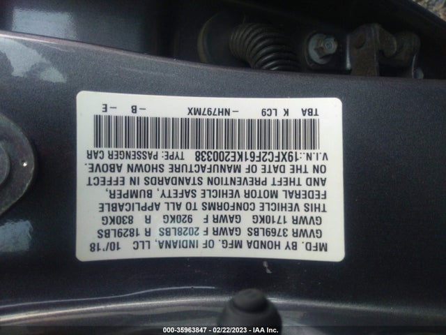 2019 HONDA CIVIC SEDAN LX VIN: 19XFC2F61KE200338