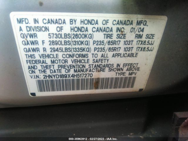 2HNYD189X4H517270 Acura Mdx Touring Pkg Res W/nav