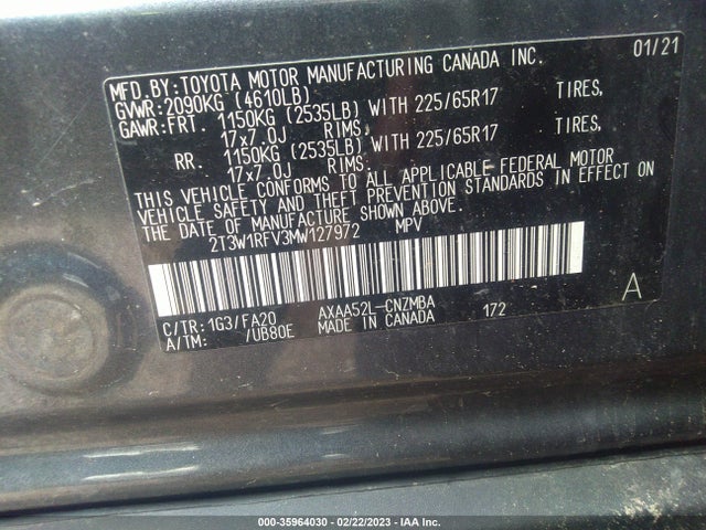 2021 TOYOTA RAV4 XLE VIN: 2T3W1RFV3MW127972