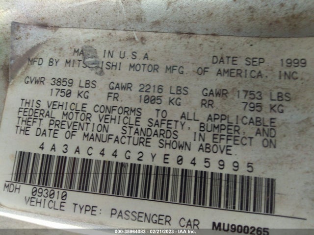 4A3AC44G2YE045995 Mitsubishi ECLIPSE GS