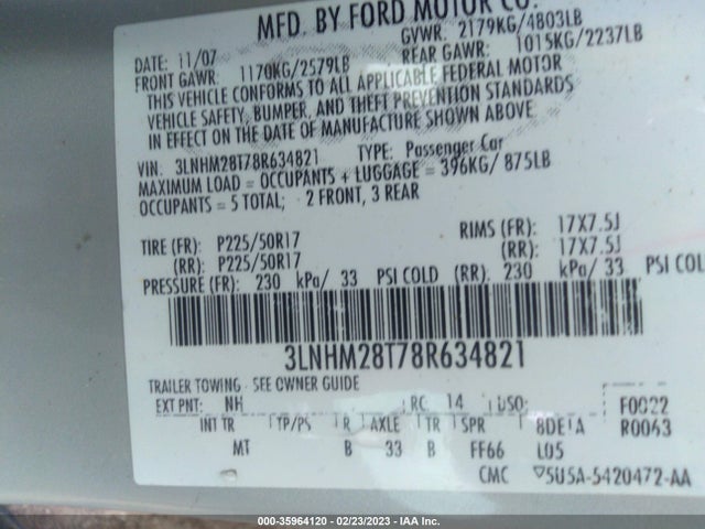 2008 LINCOLN MKZ VIN: 3LNHM28T78R634821