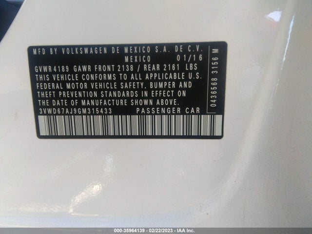 2016 Volkswagen Jetta, VIN: 3VWD67AJ9GM315433