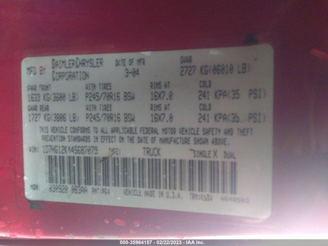 Dodge Dakota Base 2004 1D7HG12K44S687079 Image 10