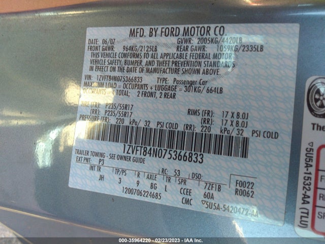 35964220 :رقم المزاد ، 1ZVFT84N075366833 vin ، 2007 Ford Mustang Deluxe/premium مزاد بيع