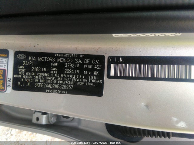 2021 KIA FORTE LXS VIN: 3KPF24AD2ME326957