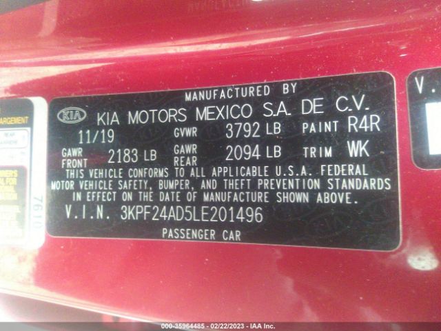 3KPF24AD5LE201496 KIA Forte Lxs
