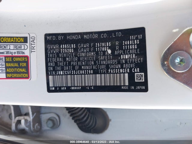 2018 Honda Clarity, VIN: JHMZC5F35JC002290