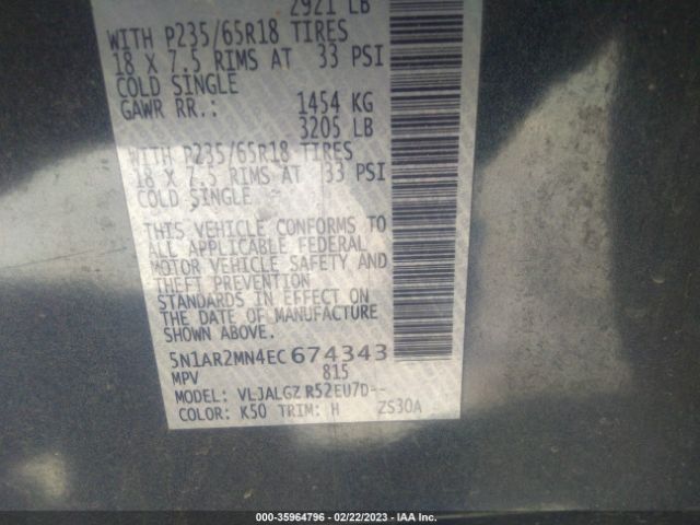 5N1AR2MN4EC674343 Nissan Pathfinder Sl