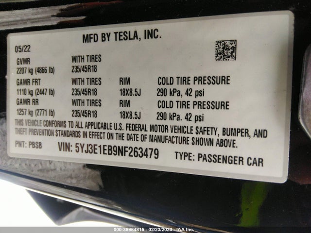 Tesla Model 3 Long Range 2022 5YJ3E1EB9NF263479 Image 10