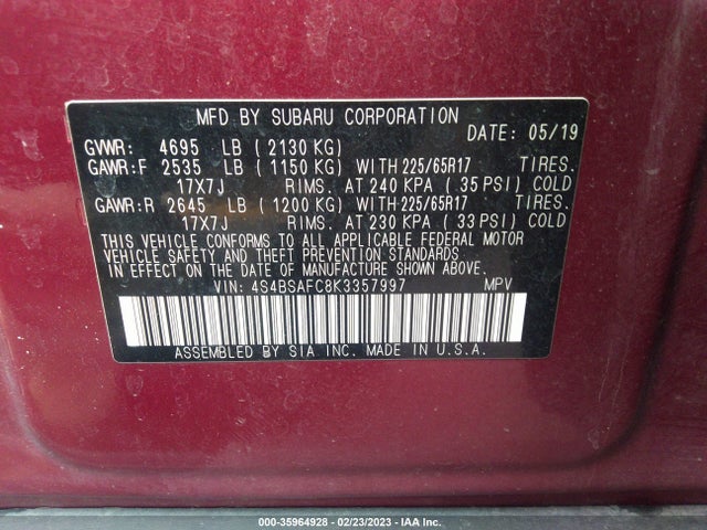 Subaru Outback Premium 2019 4S4BSAFC8K3357997 Image 9