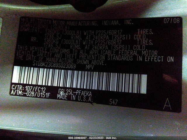 2009 TOYOTA SIENNA LE VIN: 5TDBK23C89S023069