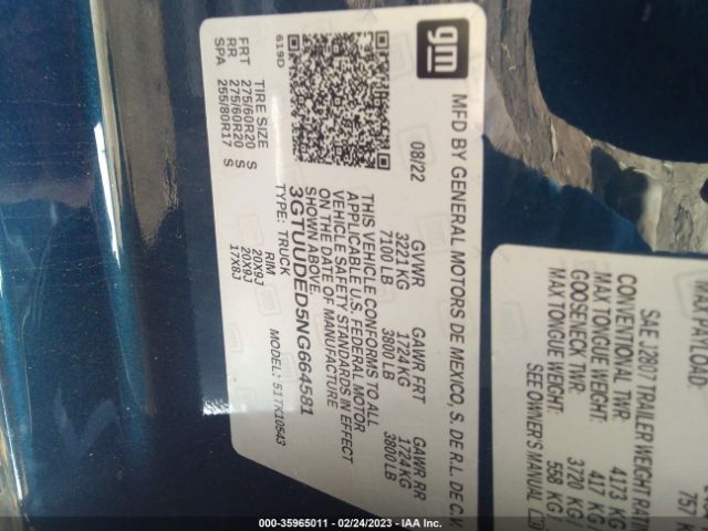 3GTUUDED5NG664581 GMC Sierra 1500 Slt
