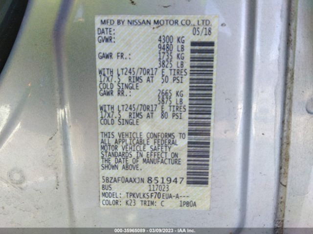 5BZAF0AAXJN851947 Nissan Nv Passenger Nv3500 Hd Sl