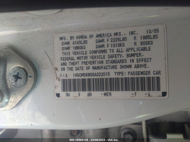 2006 HONDA ACCORD SDN EX-L VIN: 1HGCM56806A022015