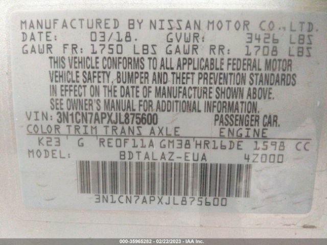 3N1CN7APXJL875600 Nissan Versa Sedan S Plus