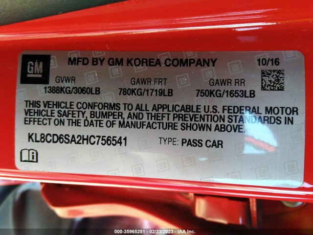 2017 Chevrolet Spark, VIN: KL8CD6SA2HC756541