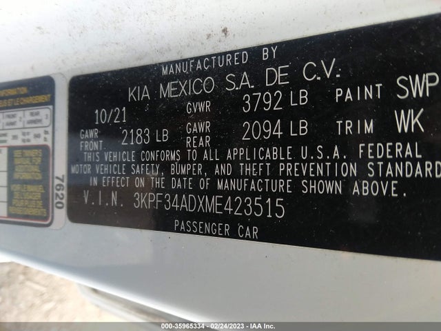 2021 KIA FORTE GT LINE VIN: 3KPF34ADXME423515
