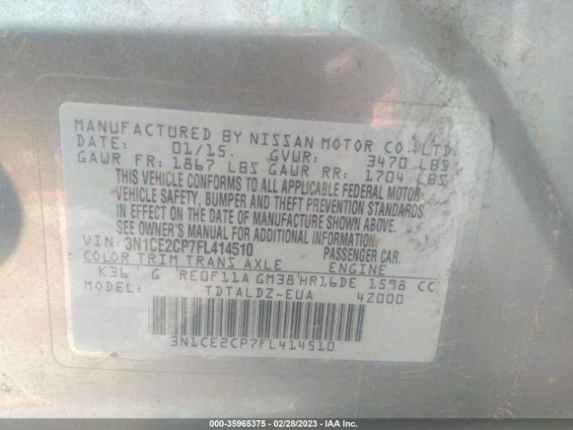 3N1CE2CP7FL414510 Nissan Versa Note Sv