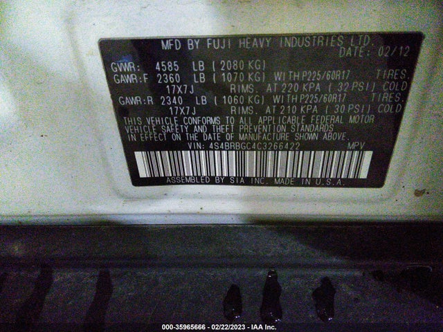 Продажа на аукционе авто 2012 Subaru Outback 2.5i Prem, vin: 4S4BRBGC4C3266422, номер лота: 35965666