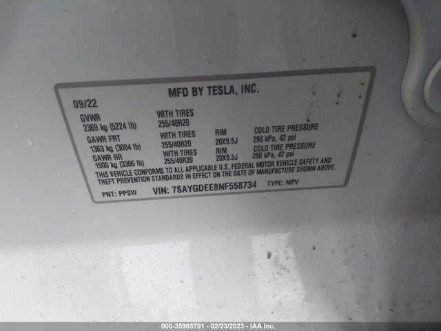 Tesla Model Y Long Range 2022 7SAYGDEE8NF558734 Image 9